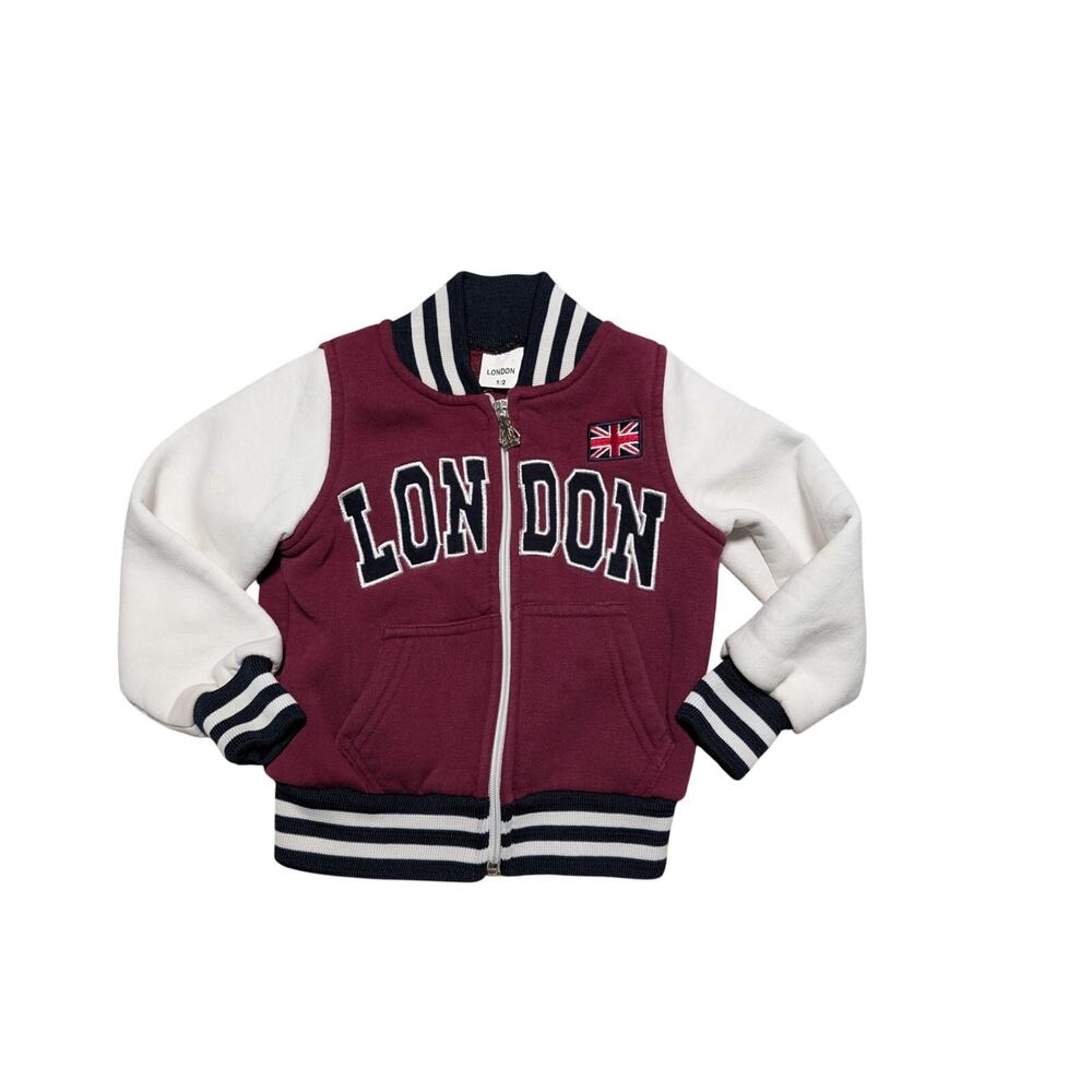 London Toddler Boys Maroon Cream Varsity Jacket Souvenir Bomber Coat Size 1/2